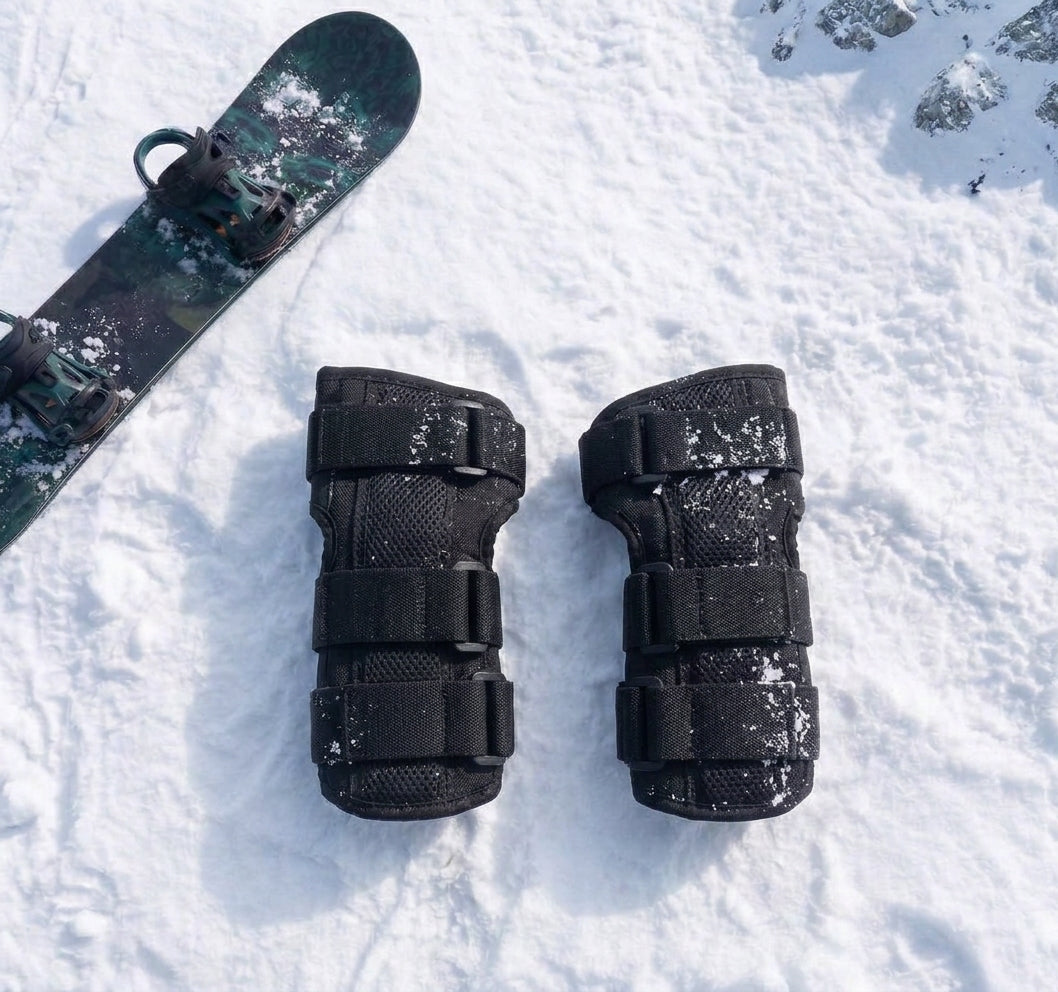 Pactline snow wrist guards laid flat on snow beside a snowboard