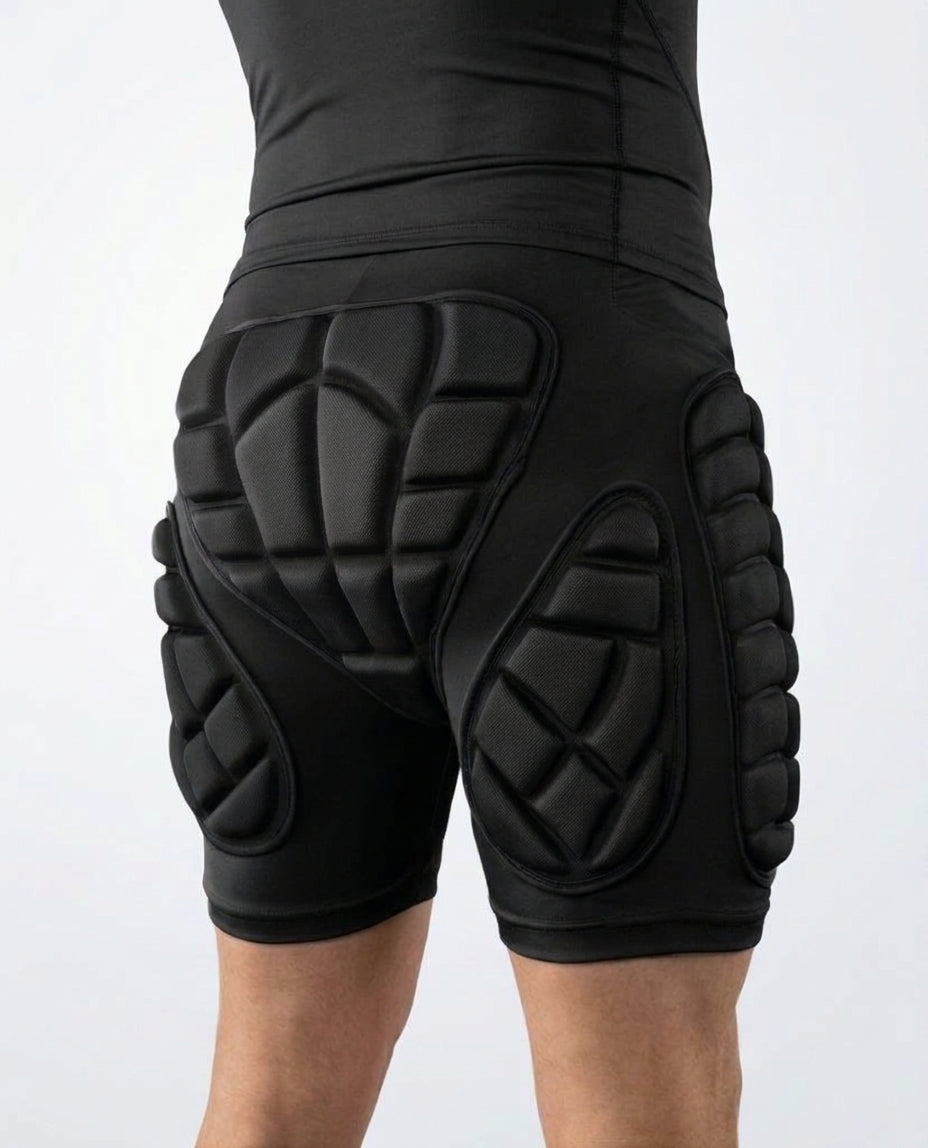 Rear view of Pactline snow impact shorts showing tailbone, hip and side padding