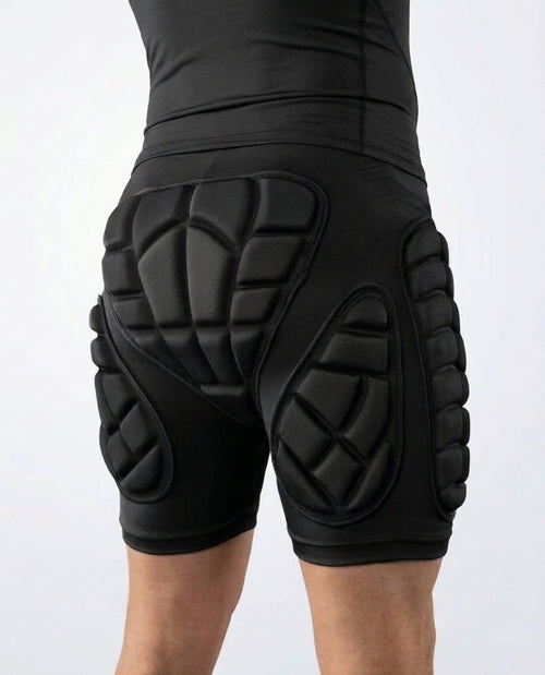 Rear view of Pactline snow impact shorts showing tailbone, hip and side padding