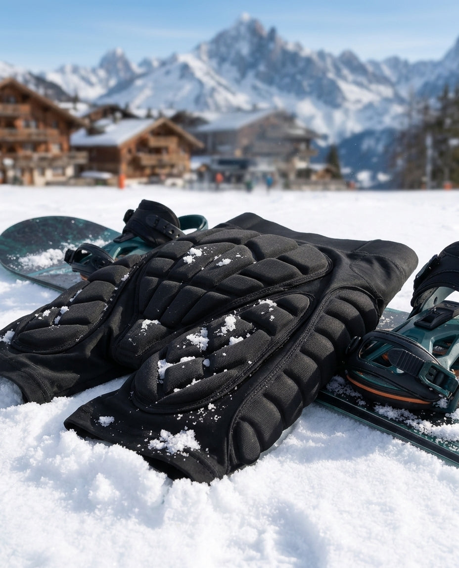 Pactline snow impact shorts on a snowboard with an alpine village behind