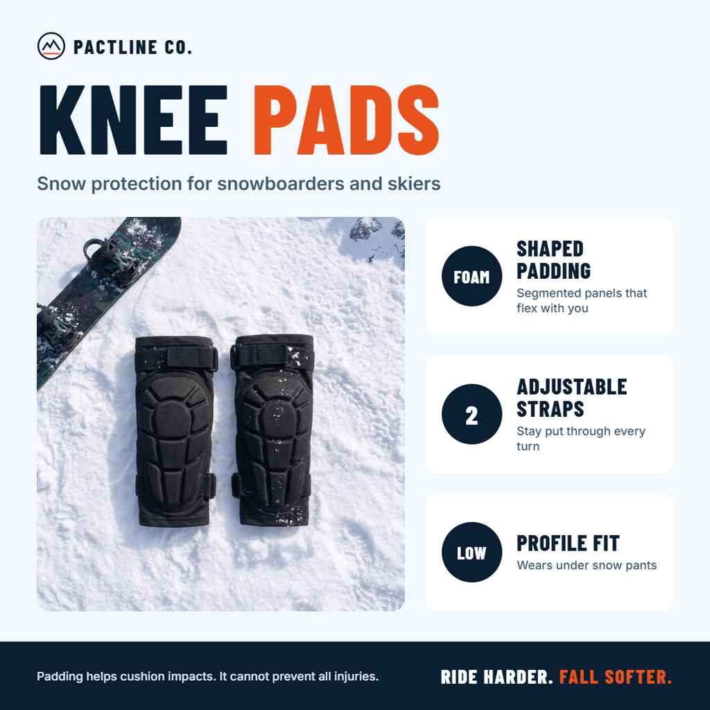 Pactline snow knee pads product features: shaped padding, 2 adjustable straps, low profile fit