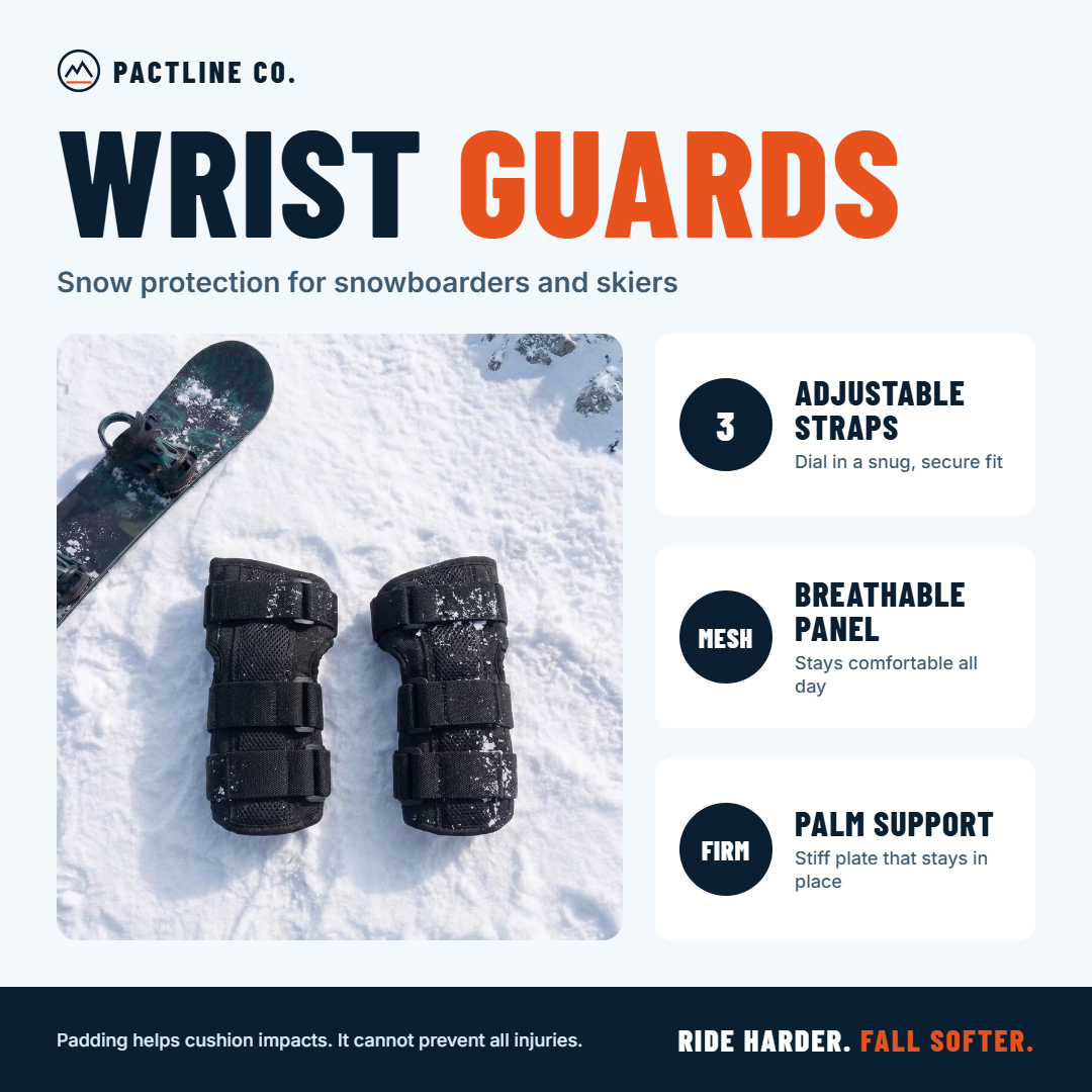 Pactline snow wrist guards product features: 3 adjustable straps, breathable mesh panel, firm palm support